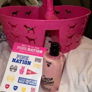 VS Pink dog bath caddy with stickers and lotion